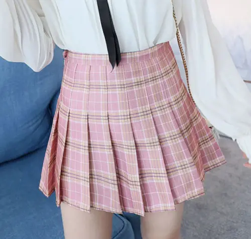 deep pink plaid Мини женские короткие юбки с аниме, женская летняя плиссированная клетчатая юбка с высокой талией - Цвет: deep pink plaid