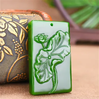 

FASHION GREEN JADE LOTUS FLOWER PENDANT NECKLACE CHINESE HAND CARVED CHARM JADEITE NATURAL JEWELRY AMULET FOR MEN WOMEN GIFTS