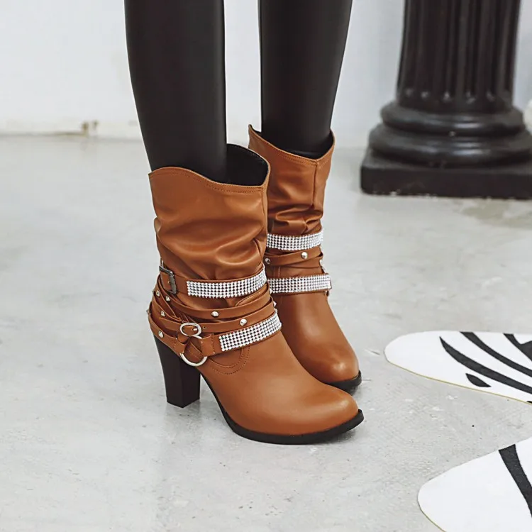 Big Size 9 10 11-17 boots women shoes ankle for ladies woman winter Belt buckle drill fold sleeve | Обувь