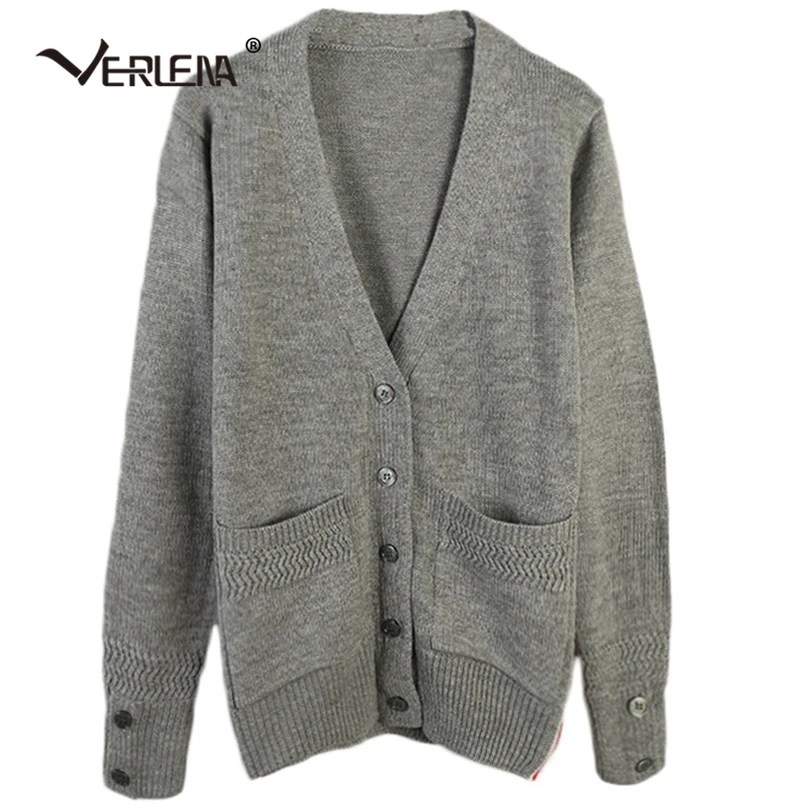 Verlena Stripe Decorated V-Neck Cardigan Long Sleeve Double Patch Pockets Sweet Pink Casual Autumn Sweater Women Pull Femme - Цвет: Серый