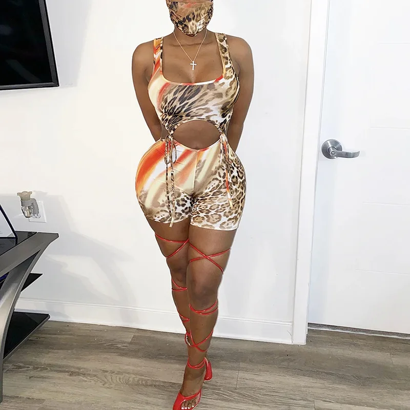 

summer 2020 sexy hollow out leopard graphic printing playsuits women street casual wear sleeveless slim bandage romper female