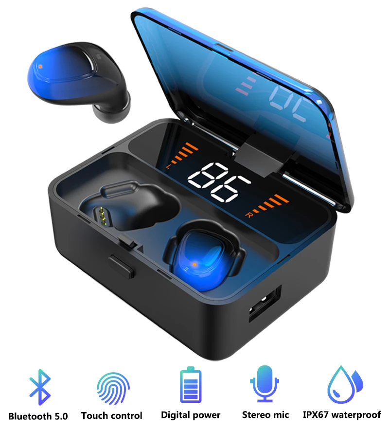 Günstig Drahtlose Kopfhörer Bluetooth 5,0 Kopfhörer Echte Stereo Ohrhörer IPX67 Sport Headset Mit HD Mic Für xiaomi samsung iphone