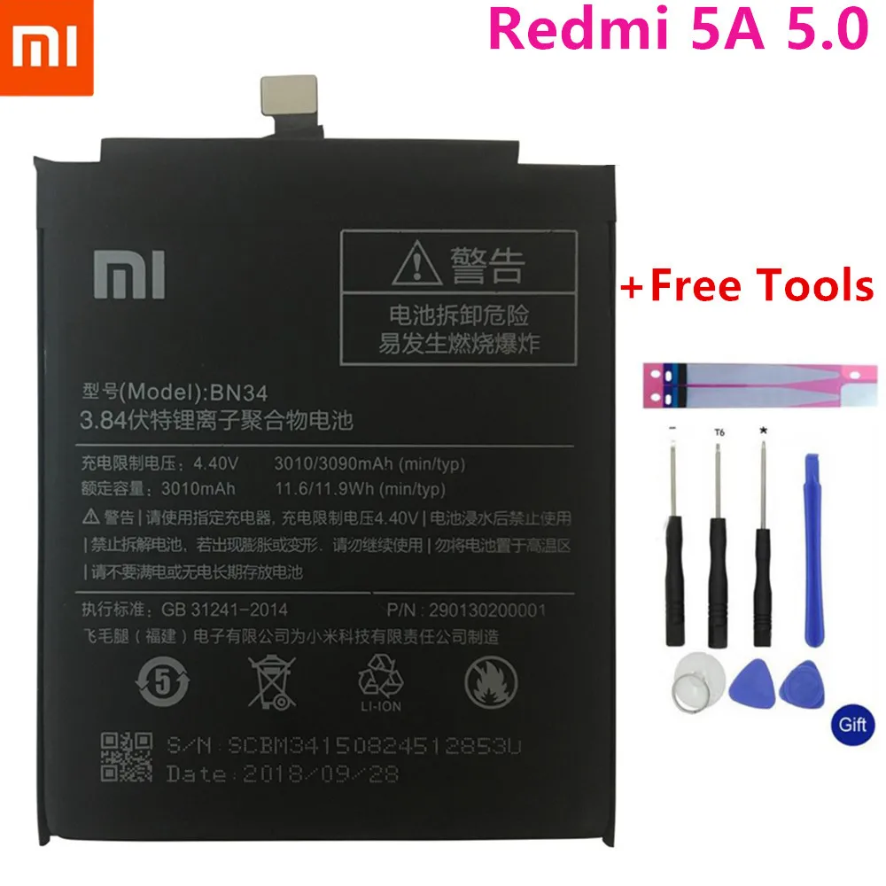 Аккумулятор для телефона Xiao mi BN34 для Xiao mi Red mi 5A 5,", сменный аккумулятор 2910 мАч, аккумуляторы для телефонов высокой емкости+ Инструменты