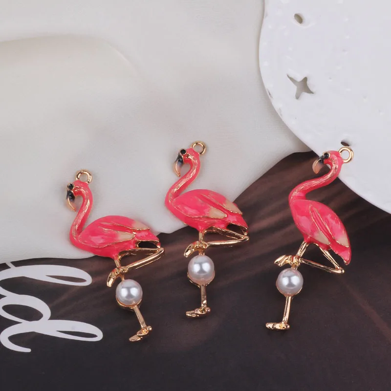 5pcs Enamel Pearl Flamingo Charms DIY Handmade Pink Bird Flamingo