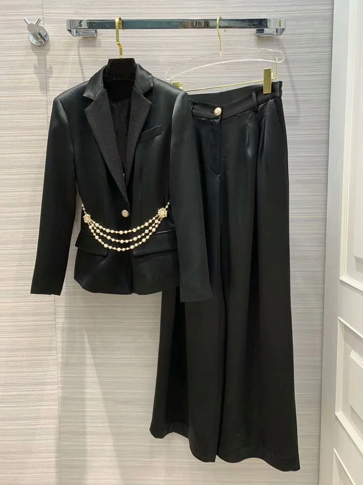 2019FW winner, новинка, Женский блейзер с жемчугом, пальто+ повседневные штаны, женский пиджак, брюки, костюмы, 2 вещи в комплекте, 2 цвета, tclai - Цвет: Черный