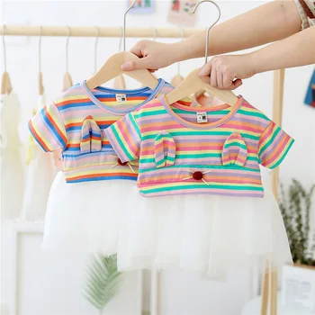 

Toddler Girls Rainbow Striped Dress Summer Short Sleeve Tutu Dresses For Girl Elegant Princess Party Dress Vestidos Robe Fille