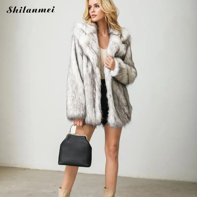 White Furry Faux Fur Coat Women Fashion Fur Collar Plus Size Fur Coat Elegant Flurry Party Club Outwear Thicken Winter Fur Coat