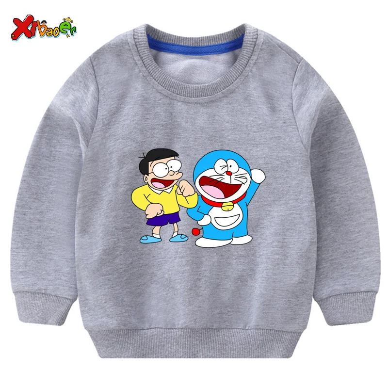 Doraemon/толстовки с капюшоном; детская хлопковая одежда для маленьких девочек; сезон весна-осень; детские топы с капюшоном; свитер с длинными рукавами для мальчиков - Цвет: sweatshirt gray