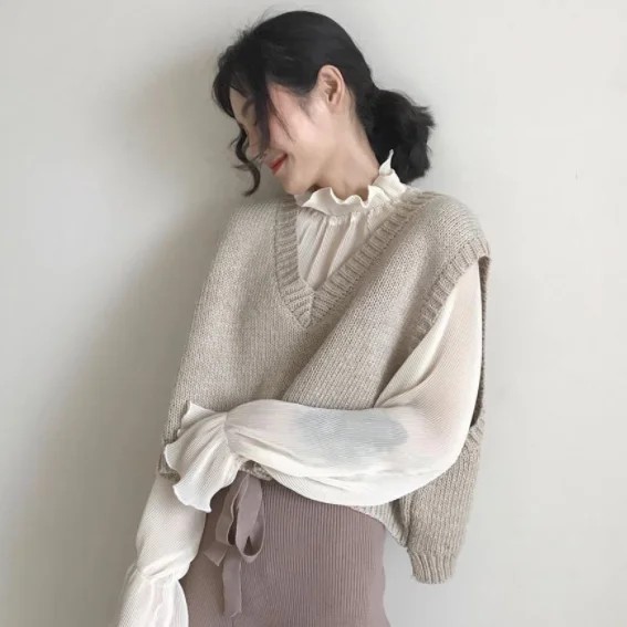 Autumn Women Sleeveless Short Knit Vest Korean Style Elegant Casual All-Match Sweater DA665 | Женская одежда