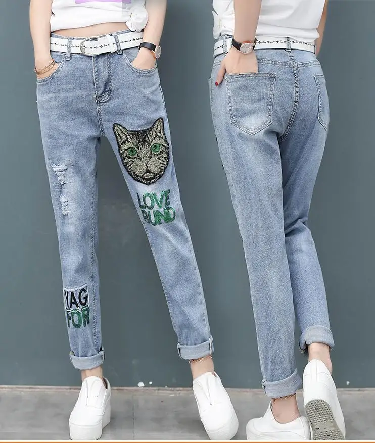 

2019 Korean Style Casual Letter Sequins Cat Head Embroidered Jeans Female Fashion Wild Loose Thin Women Blue Jeans