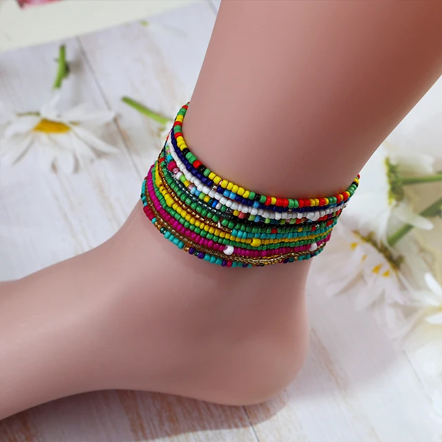 Handmade Beaded Anklet Bracelets - Rainbow Color Elastic Ankle Bracelet  Jewelry | eBay