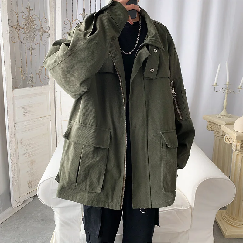 

Spring Cotton Jacket Men's Fashion Solid Color Multi-pocket Tooling Jackets Mens Streetwear Wild Loose Hip Hop Bomber Jacket Men