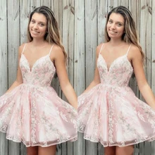 Светильник на тонких бретельках, розовое Тюлевое ТРАПЕЦИЕВИДНОЕ платье для выпускного вечера, глубокий v-образный вырез, кружевные аппликации, Короткие Мини коктейльные платья
