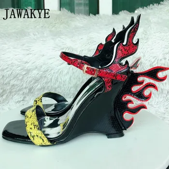 

2019 Chic Women Flame Wedges Sandals Square Toe High Heels Gladiator Sandals Sexy Party Shoes Woman Multicolor Large Size 35-43
