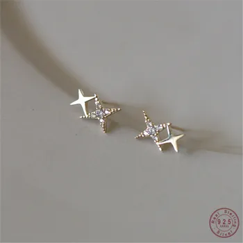 925 Sterling Silver Korean Version Simple Four-pointed Star Stud Earrings Women Pavé Crystal Light Luxury 14k Gold Jewelry Gift