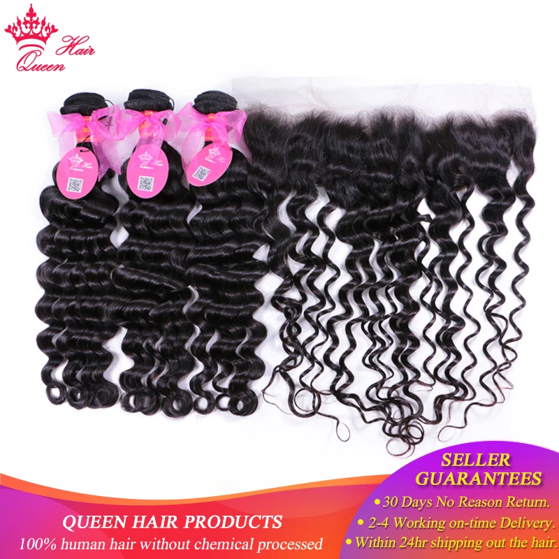 Queen Hair Official Store Lace Frontal With Bundles Brazilian Natural Wave More Wave Human Hair Bundles With Lace Closure Remy