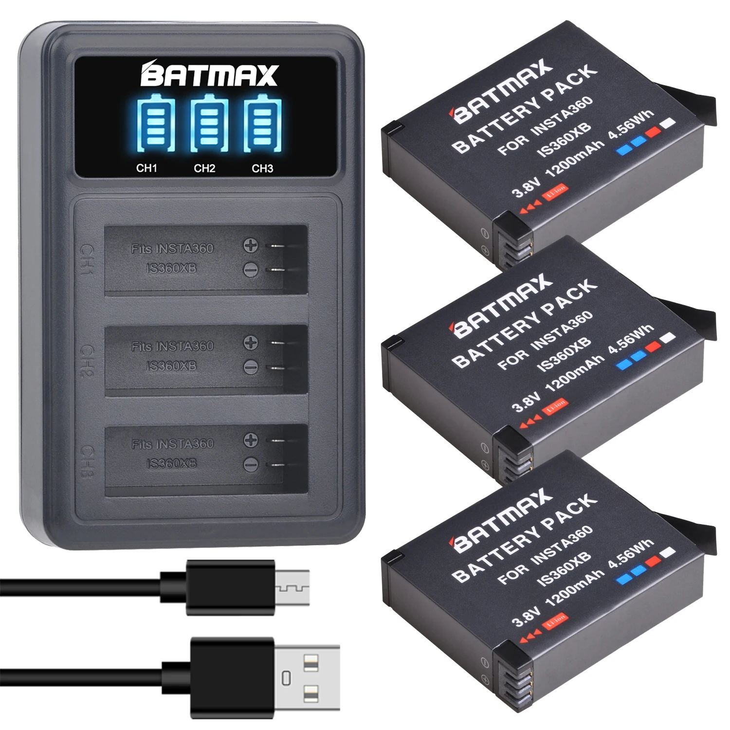 

Batmax 1200mAh Insta360 One X Camera Battery IS360XB Replacement Battery + LED USB 3-Slots Charger with Micro USB Charge Port