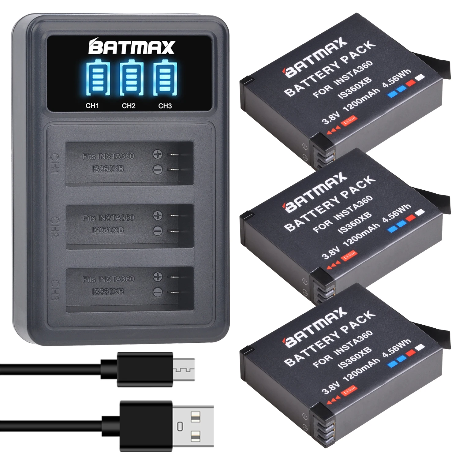 Batmax 1200mAh Insta360 One X Camera Battery IS360XB Replacement Battery + LED USB 3-Slots Charger Micro USB Charge Port rechargeable battery camera battery camera battery charger action camera battery