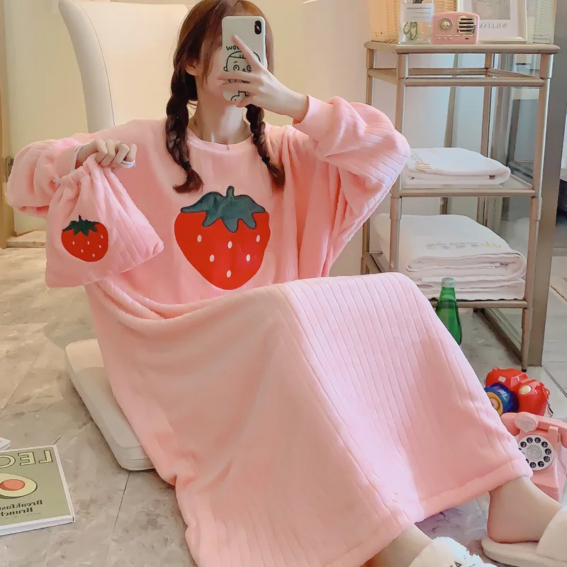 

Coral Velvet Pajamas Women's Autumn & Winter Nightgown Korean-style Long Loose And Plus-sized Cute Outer Wear Flannel Tracksuit