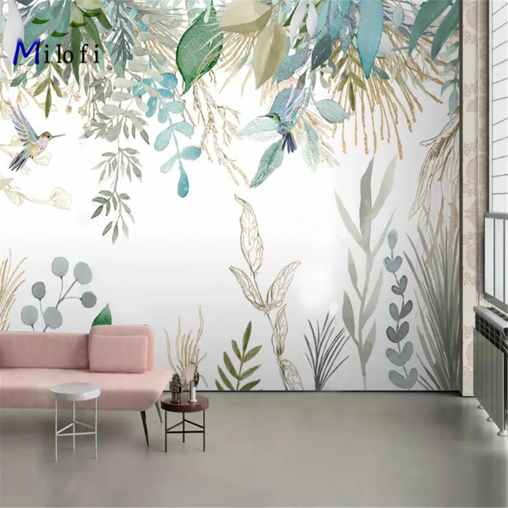 

Milofi custom large 3D wallpaper mural Nordic hand-painted small fresh tropical plants leaves flowers and birds background wall