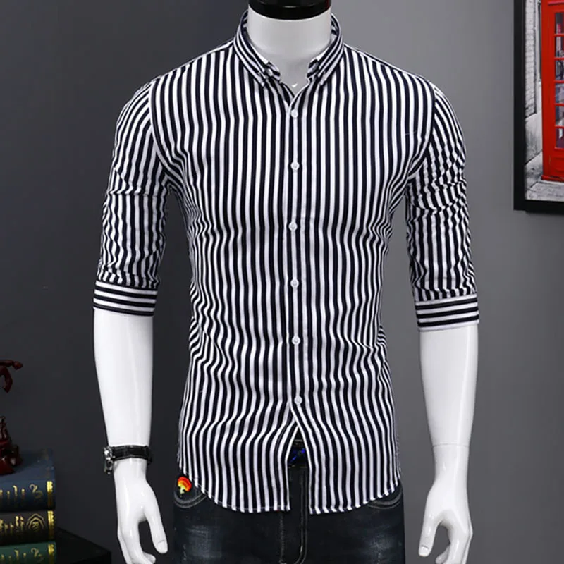 Европейская летняя мужская рубашка тонкий короткий рукав полосатый Slim Fit рубашки мужские повседневные Модные уличные Camisa Masculina брендовая одежда