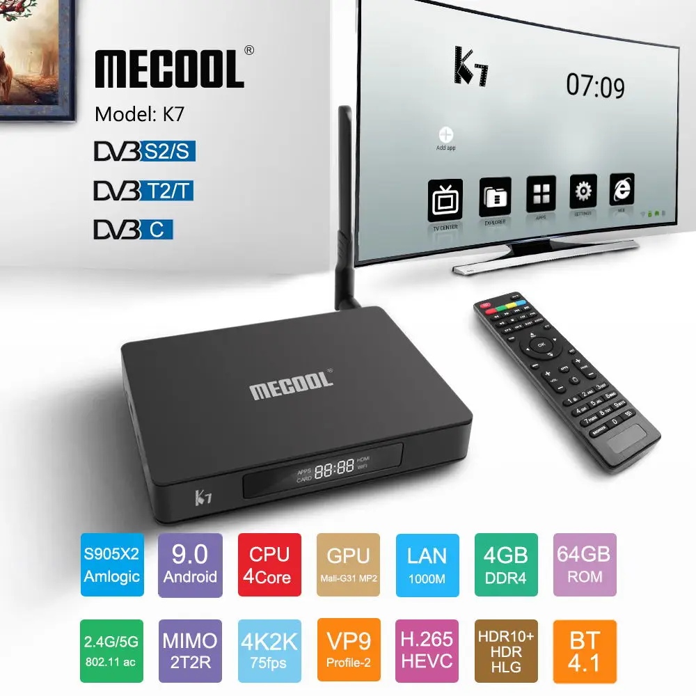 ТВ-бокс MECOOL K7 Android 9,0 DVB-T2/S2/C Amlogic S905X2 Четырехъядерный 4 Гб DDR4 64 Гб 4K 2,4G 5G wifi 1000 Мбит/с телеприставка K6