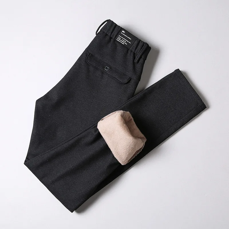 

Fashion High Quality Cotton Men Pants Straight Classic Super Warm Thick Fleece Casual Elastic Trousers Male