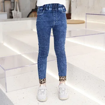 

3-13 Teenage Children Girl Korean Fashion Jeans Leopard Elastic Waist Denim Pants Girls Black Skinny Trousers Kids Clothes
