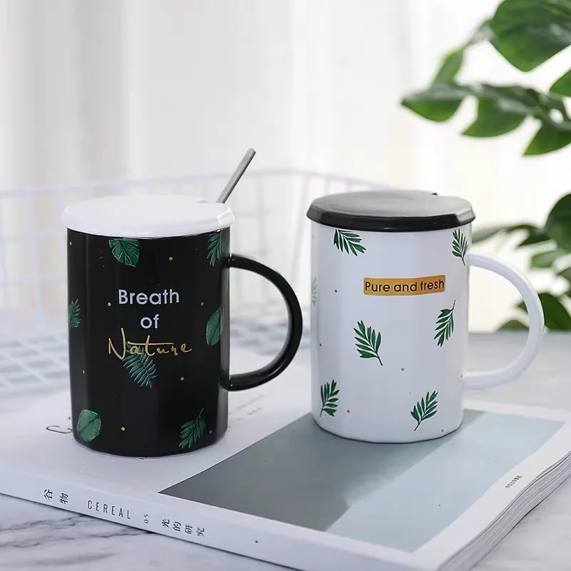 3-piece set Ceramic Cup Nordic Office Cup advertising gifts promotional mugs creative leaves black and white cups