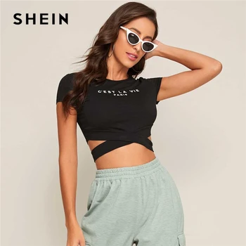 

SHEIN Black Crisscross Hem Slogan Graphic Tee Crop Top Women 2020 Summer Cap Sleeve O-neck Slim Fit T Shirt Ladies Casual Tops
