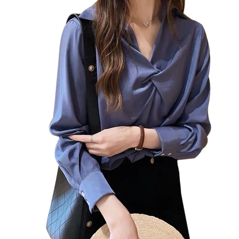 Women Blouses Solid Pullover Blouse Shirt Long Sleeve Blouse V-Neck Office Lady Shirts Casual Tops Blouse T3