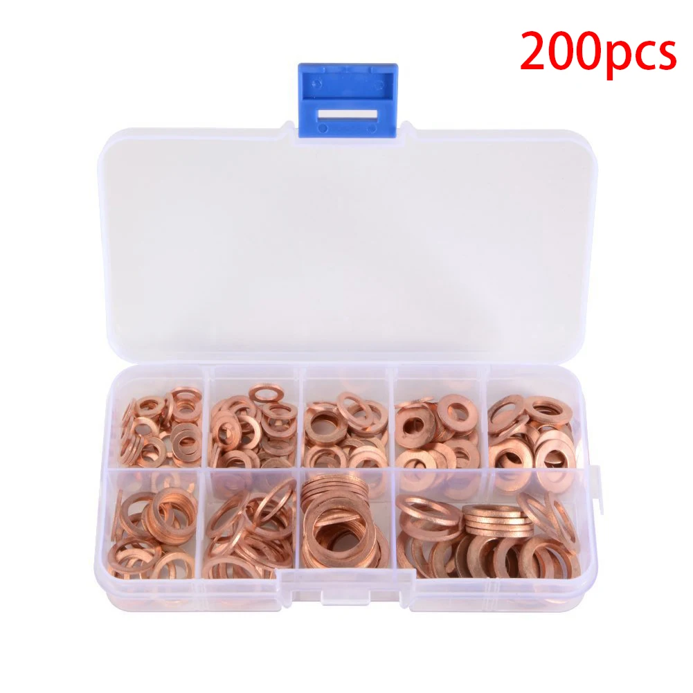 

200 Copper Crush Washers Seal Flat Ring Hydraulic Fittings Set Tool 9mm-18mm with Box M5/M6/M8/M10/M12/M14 for Sump Plugs Water