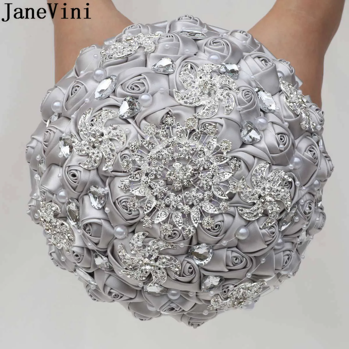 JaneVini Luxury Silver Crystal Wedding Bouquet Bride Hand Jewelry Rhinestone Diamond Satin Rose Bridal Brooch Flower Accessories