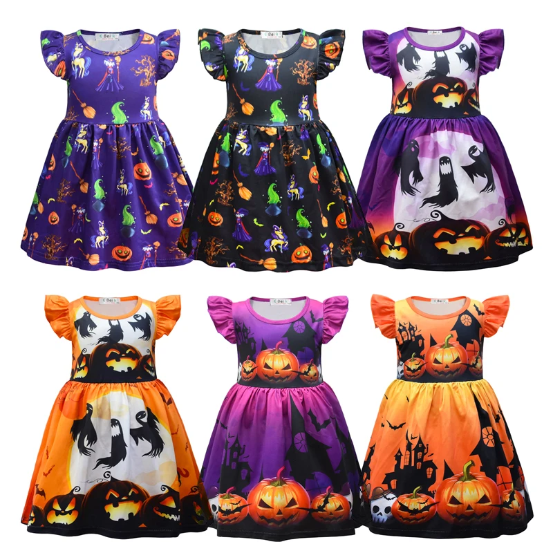 

VOGUEON Girls Halloween Party Costume For Kids Pumpkin Ghost Print Dress Girl Flying Sleeve Funny Cosplay Dresses Clothing 2-7T