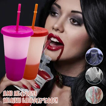 

Reusable Color Changing Cold Cups Halloween Magic Juice Coffee With Straws And Lid Set Drink Water Bottle Blood Vampire Cups