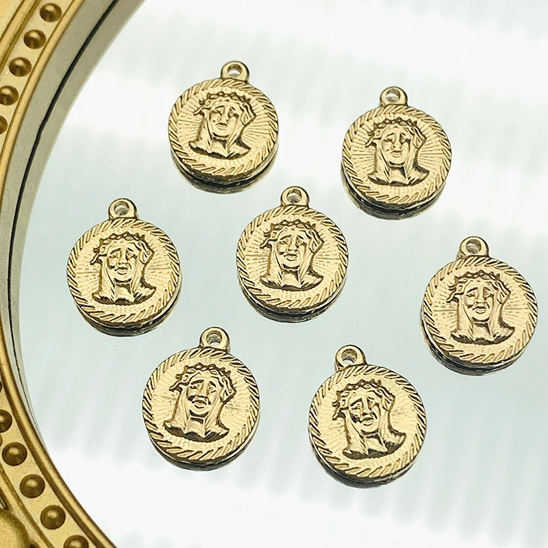 

Golden Zinc Alloy Virgin Mary Queen Round Coin Charms 10Pcs/set Punk Geometry Portrait Coins Charm For Necklace DIY Accessories