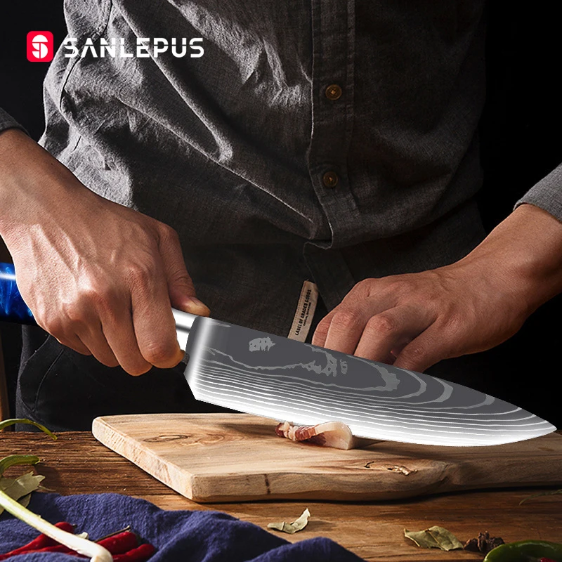 SANLEPUS 8&quotinch Chef Knife Professional Kitchen Japanese Damascus Pattern Stainless Steel Meat Santoku Best Gift | Дом и сад