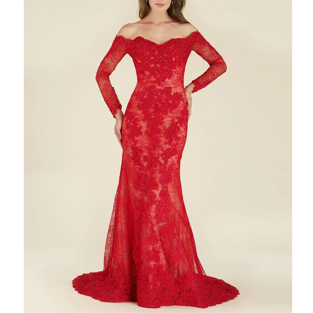 Очаровательное Красное Кружевное Платье Vestidos De Fiesta De Noche с длинными рукавами, облегающее платье с открытыми плечами и аппликацией, длинное платье для матери невесты