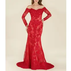 Очаровательное Красное Кружевное Платье Vestidos De Fiesta De Noche с длинными рукавами, облегающее платье с открытыми плечами и аппликацией, длинное