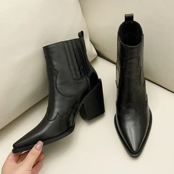 

New Real Cow Leather Suede Western Ankle Boots Women Point Toe Kitten Heels Short Boots Winter Cowboy Knight Boots Woman