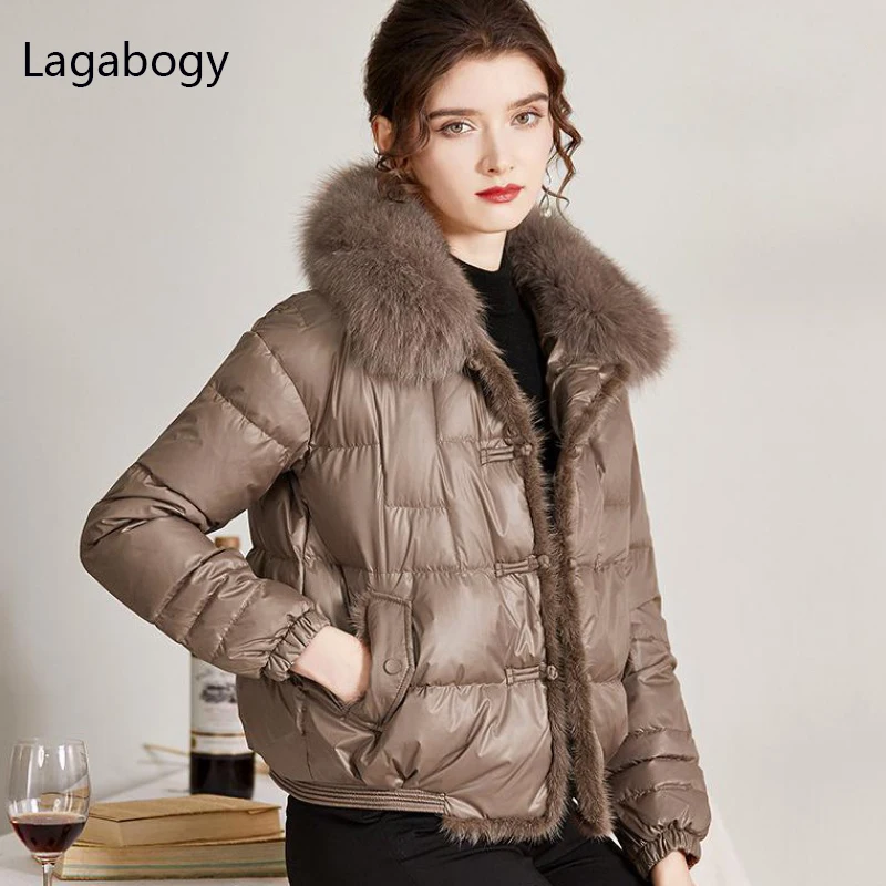 Lagabogy 2024Real Fox Fur Collar Winter Women 90%White Duck Down Jacket Ladies Short Warm Puffer Coat Female Loose Vintage Parka 3