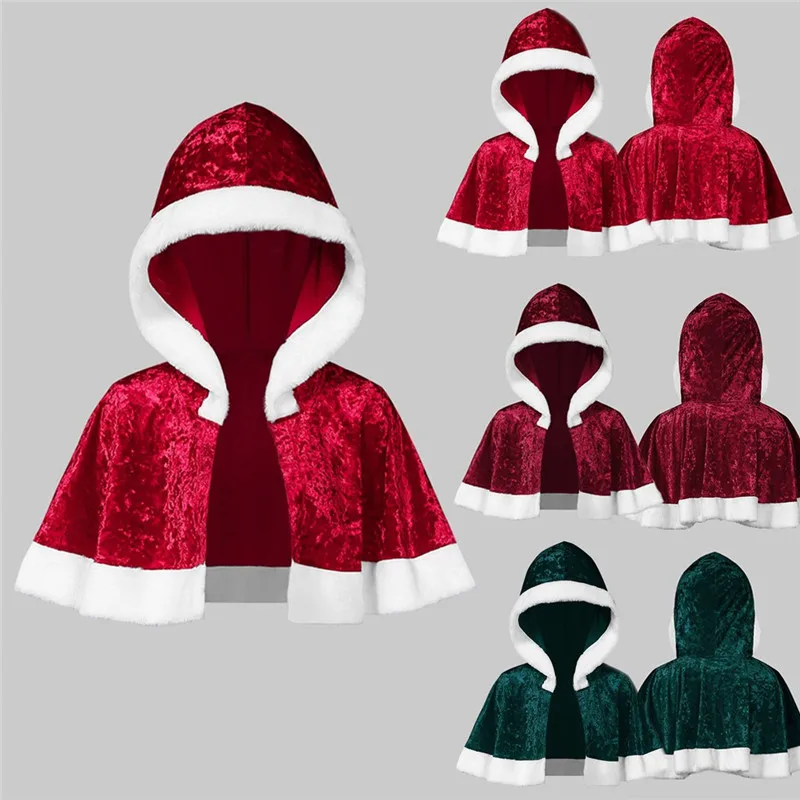Рождественский костюм для взрослых женщин с капюшоном Рождественский красный зеленый плащ Mrs Santa бархатный меховой плащ праздничное платье#40