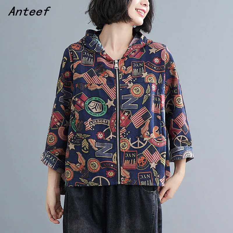 

Anteef cotton Oversize jackets for women causal loose spring autumn hooded Jacket Coat Zipper Clothes 2021 Cardigan Outerwear
