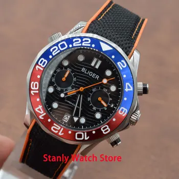 

Solid Bliger 41mm black dial blue red bezel luminous marks sapphire chronograph quartz movement date men's wrist watches