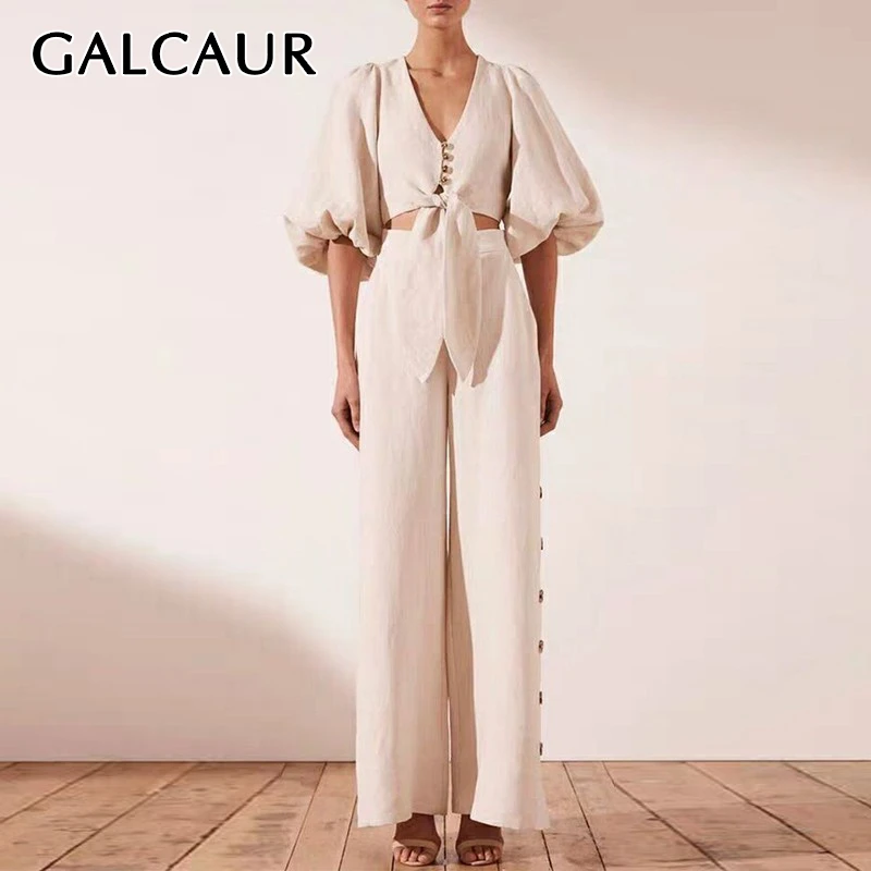 

GALCAUR Lace Up Two Piece Set For Women V Neck Puff Sleeve Crop Top High Waist Patchwork Straight Pants Female Suit 2019 New