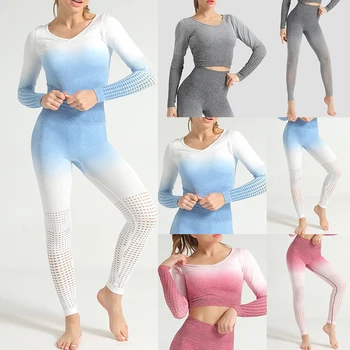 

Women Seamless Yoga Set High Waist Running Leggings Workout Pants Fitness Sports Suits Gym Clothing Long Sleeve Crop Top Shirts