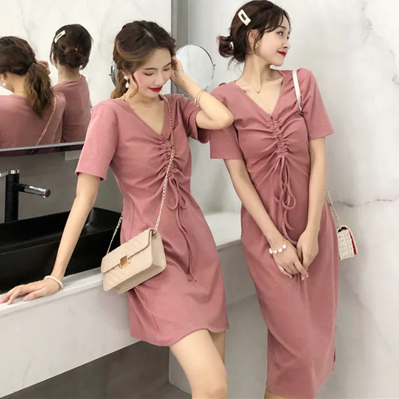 

2020 Summer New Style Korean-style Mid-length Crew Neck Shirred Large Size Fat Mm Short-sleeve Dress Women's Best Friend-