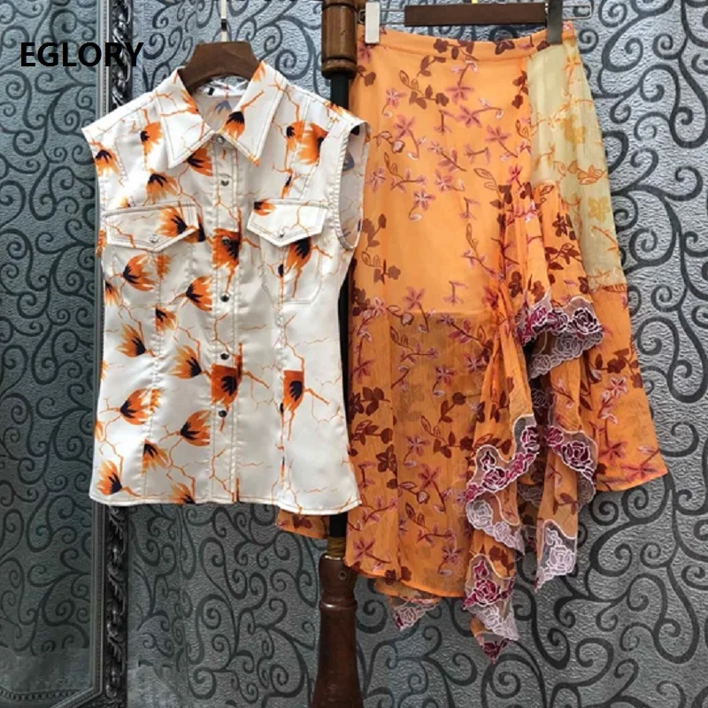 

Top Grade Designer Clothing Sets 2019 Summer Skirt Suit Women Turn-down Collar Sleeveless Tops Shirt+Asymmetrical Sexy Skirt Set