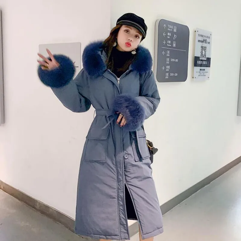 white duck down over the knee down jacket female winter long paragraph fox fur collar to send overcoat