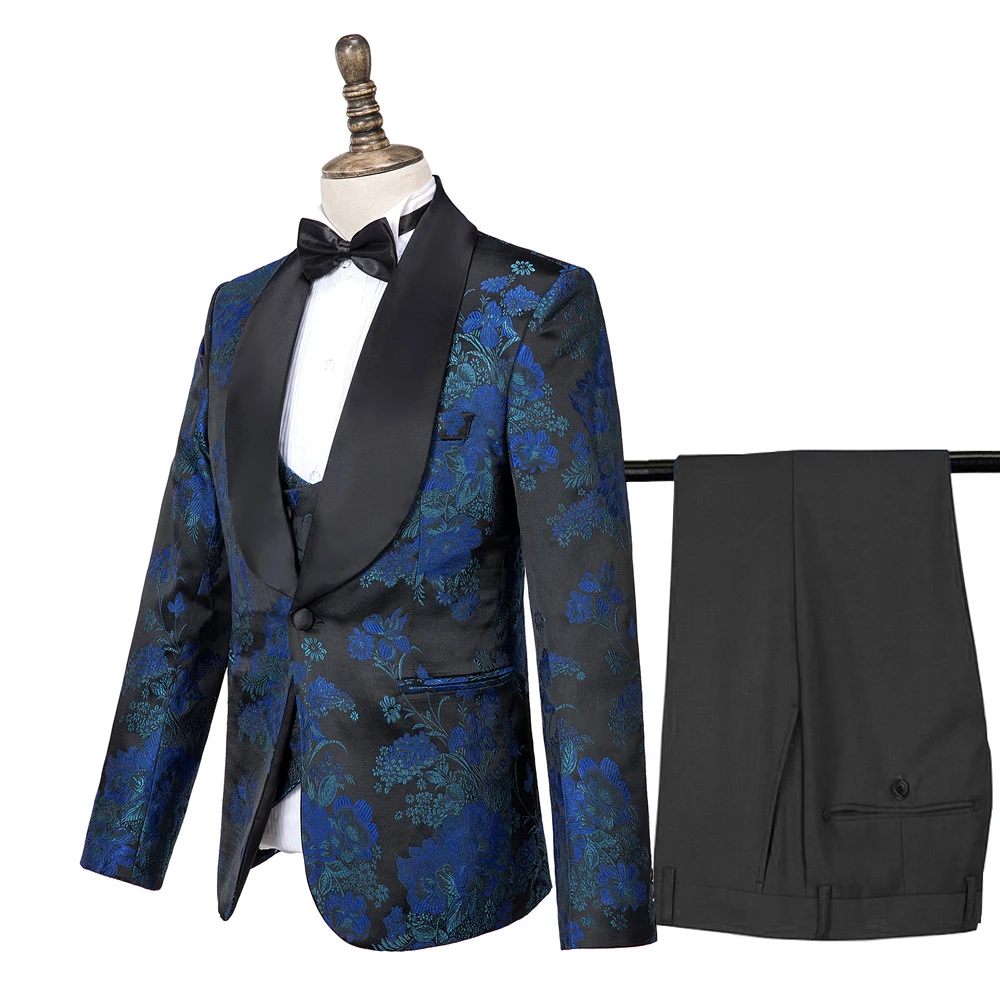 Suit 17 Свадебный серебряный костюм с цветочным принтом и птицами(пиджак+ брюки+ жилет), мужские смокинги с отворотом, вечерние костюмы для жениха, певицы, Homme - Цвет: Suit 17